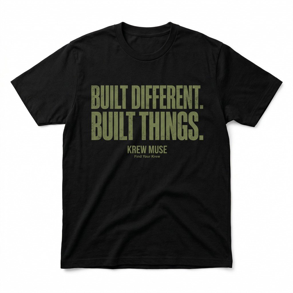 Krew Muse black tee: Built Different. Built Things.